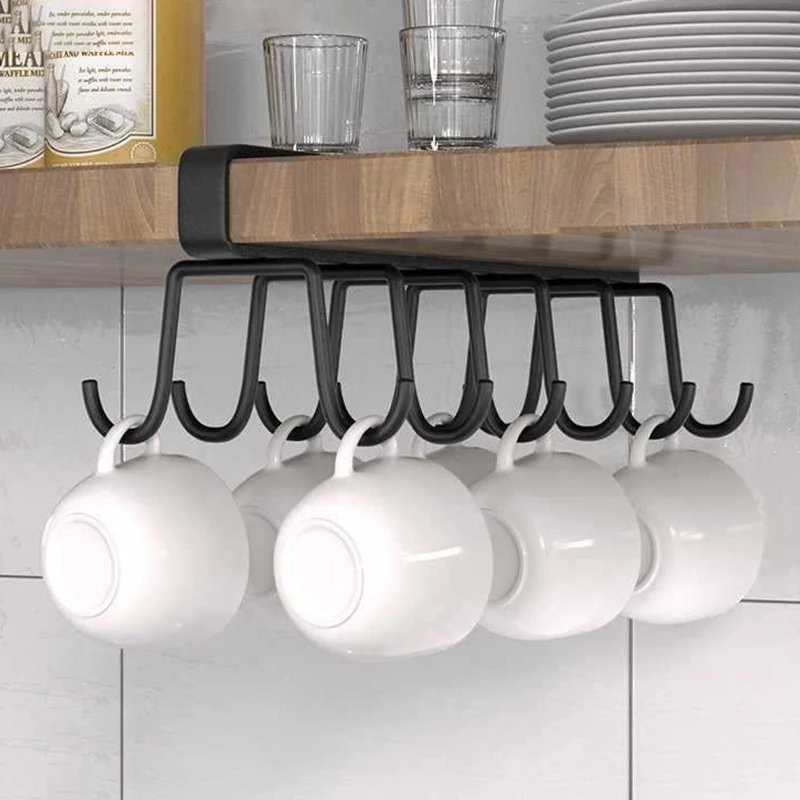 Multifunctional Double Row Storage Hook Wardrobe Cabinet Metal Shelves Punch-Free Hanging Cup Holder Kitchen Organization Tool