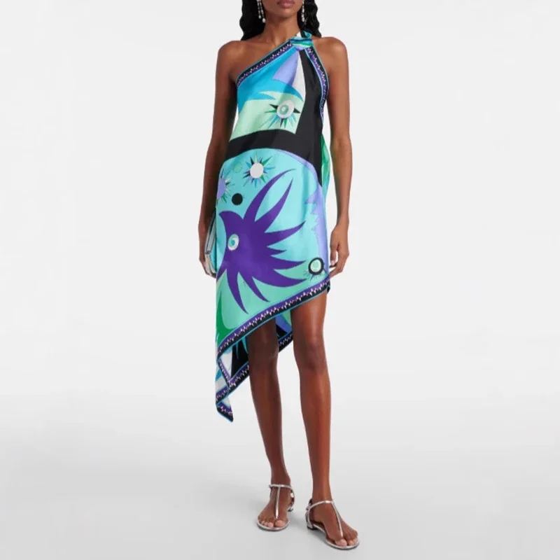 vestidos mujer sexy one-schouderbandjes jurk vrouw lente print onregelmatige satijnen jurk zomer schuine kraag vakantie strand jurken