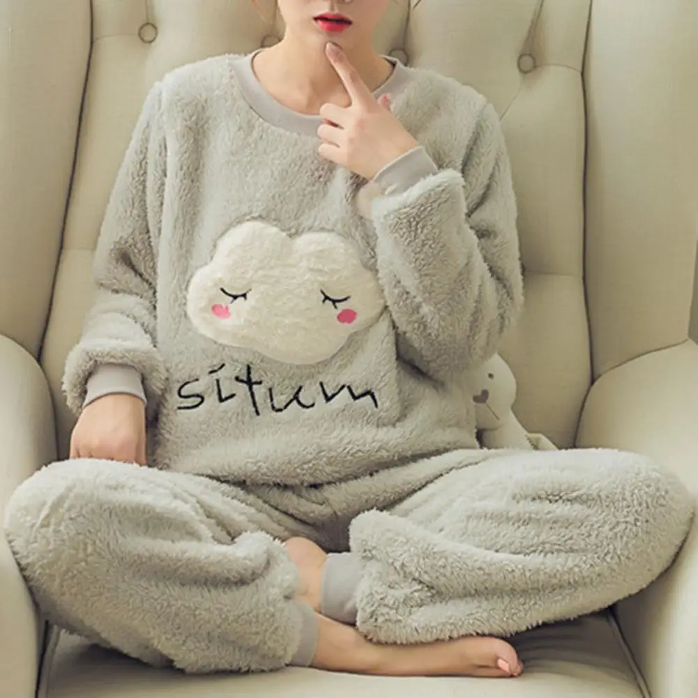 2 Pcs/Set Striped Women Pajamas Set Winter Coral Fleece Soft Suit Color Matching Cartoon Print Thickened Homewear Top Pants Set