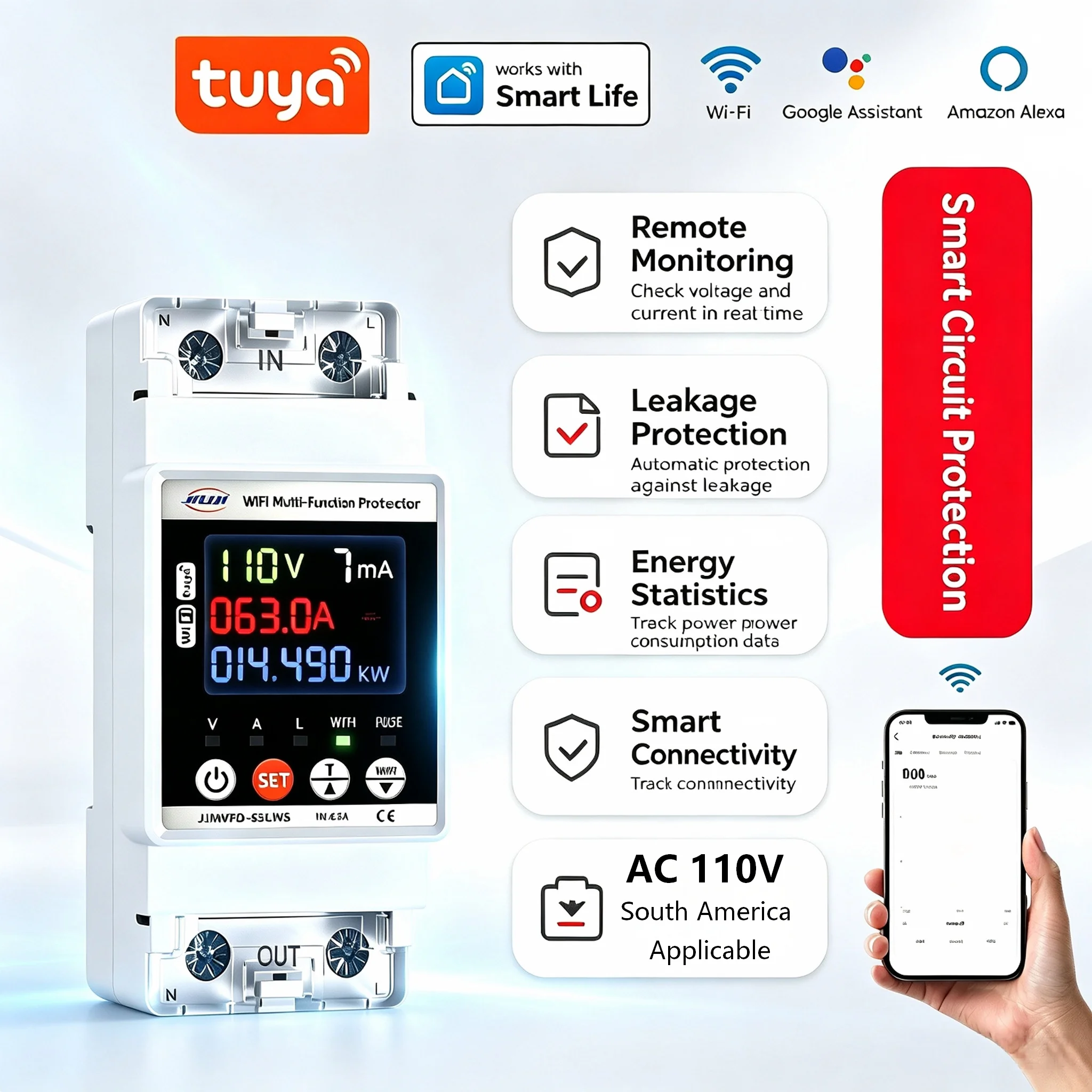 JIUJI Smart 110V 63A WiFi Circuit Breaker Timer for Tuya Energy Meters Remote Control Light Switch Voltage & Leakage Protection
