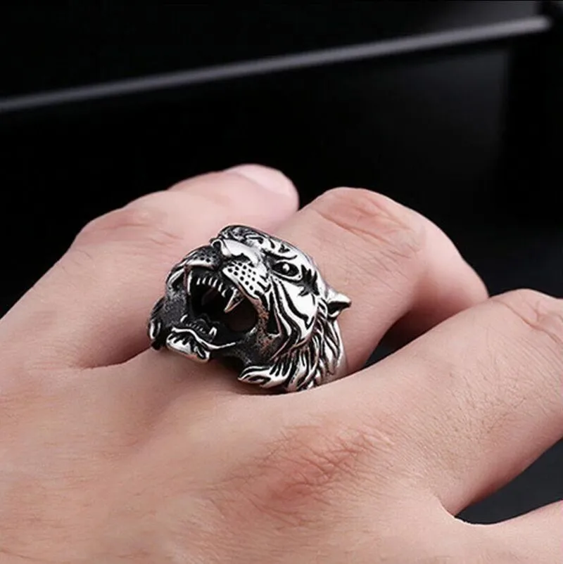 2022 Punk Silver Color Tiger Head Rings for men King of The Forest Domineering Gothic Accessories  Retro Biker Jewelry Gifts