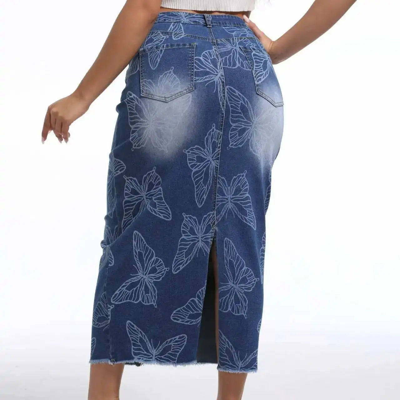 플로럴 프린트 미디 데님 스커트 여성 의류 플러스 사이즈 봄 여름 신상 캐주얼 하이웨이스트 청치마