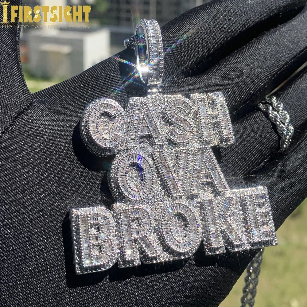 New Cash Ova Broke Pendant Necklace Hiphop Rock Iced Out Bling 5A Zircon Silver Color Cz Tennis Chain Letter Charm Men Jewelry