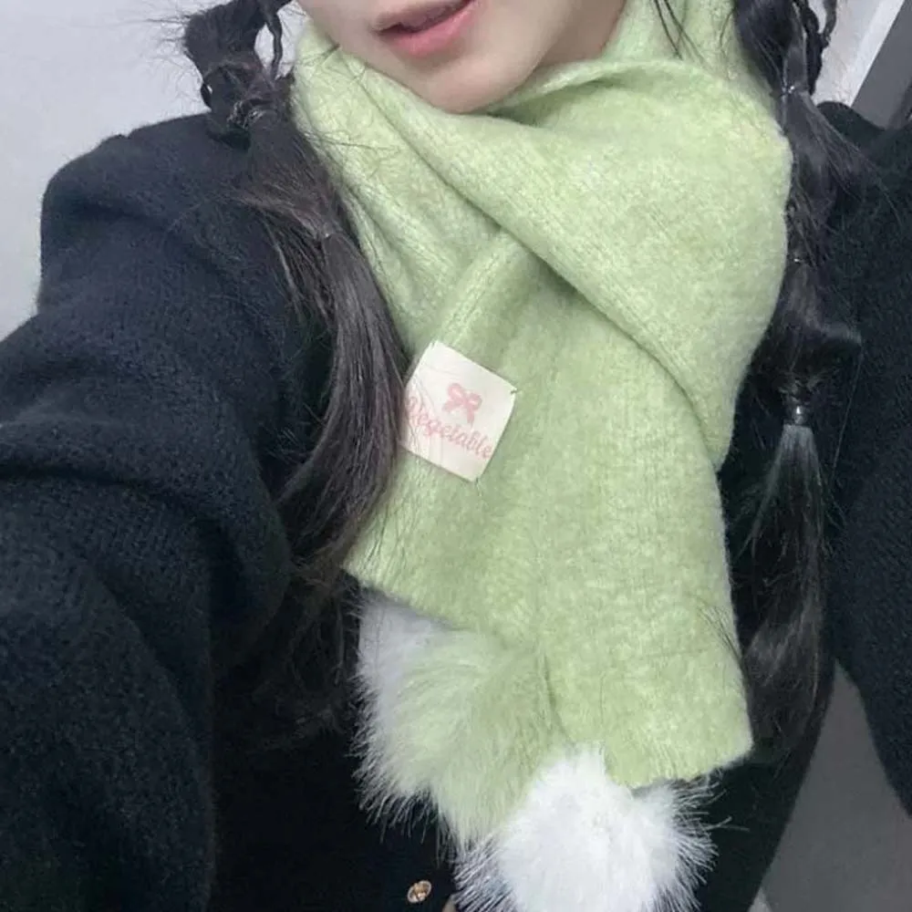 

Shawl with Plush Ball Knitting Wool Scarf Soft Anti-cold Long Thickened Neckscarf Bow Windproof Winter Warmer Scarf Autumn