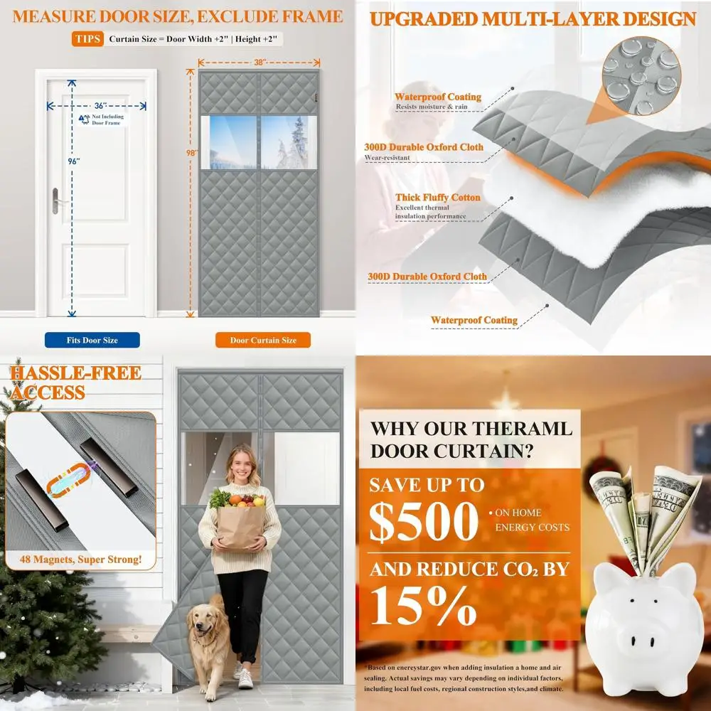 

Дверная занавеска с термоизоляцией и окном, 36 x 96, наполнитель из плотного хлопка, устойчивая к атмосферным воздействиям зиму, серая