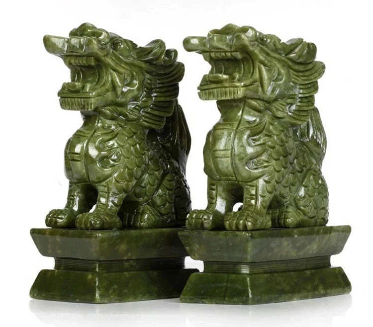 

A Pair 100% Natural China Green Jade Carved Fengshui Kylin Qilin Chi-lin Beast