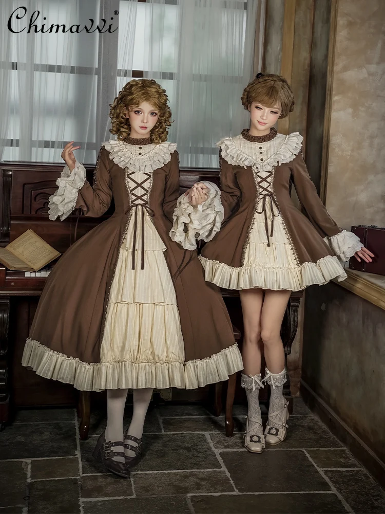 

Original Japanese Gothic Lace Stand Collar Flared Sleeve OP Dress Autumn Winter New Vintage Lace Slim Fit Elegant Lolita Dress