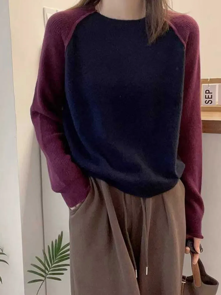 العصرية اللون بلو تريكو الصوف فضفاضة طويلة Sve جولة Ne البلوز التخسيس أعلى العمر تقليل تصميم الخريف سترة #2