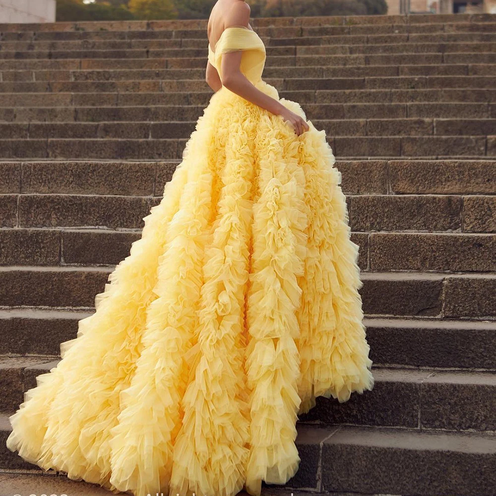 Puff Yellow Organza Evening Dress Formal Occasion Draped Sleeveless Off the Shoulder Ball Gown Exquisite Women Wedding Dresses