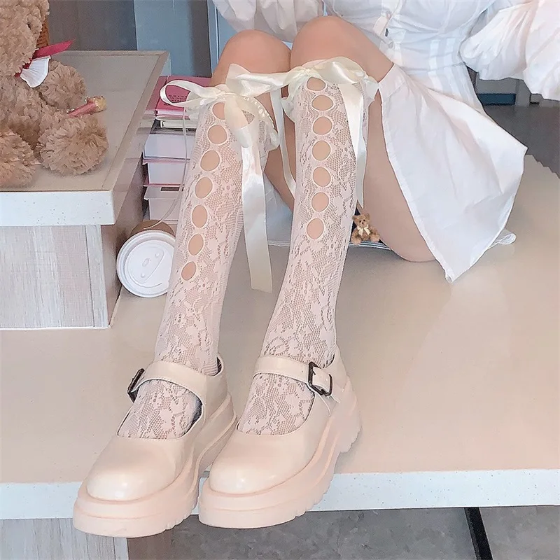 Women Lace Knee High Socks Cut-out Bow Boot Socks Lolita Kawaii Cosplay Stockings Carnival Costume Accessory