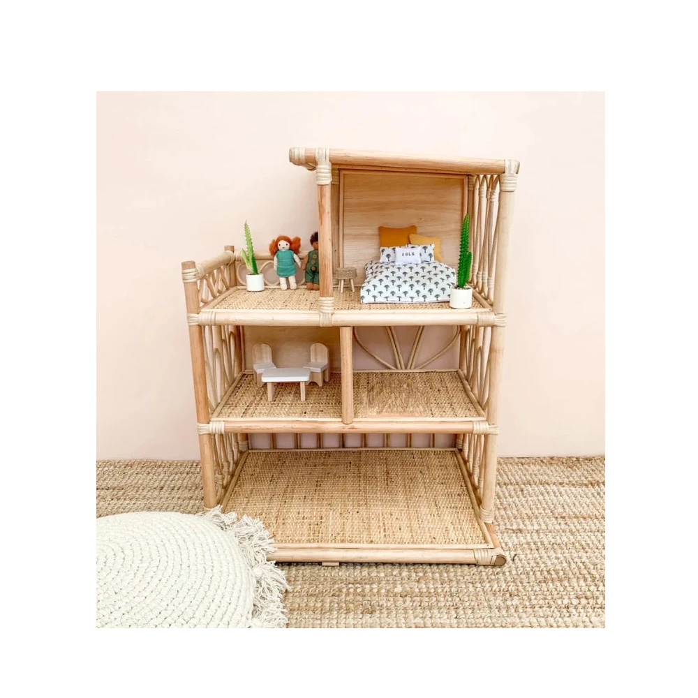 Eco Friendly Children Wicker Handmade Kids Rattan Doll House Play House Furniture Bookcase Room Decor