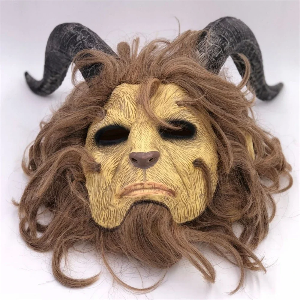 Beast Realistic Latex Helmet Full Face Headgear Cosplay Wild Beast King Mask Monster Horns Men With Wig Halloween Party Props