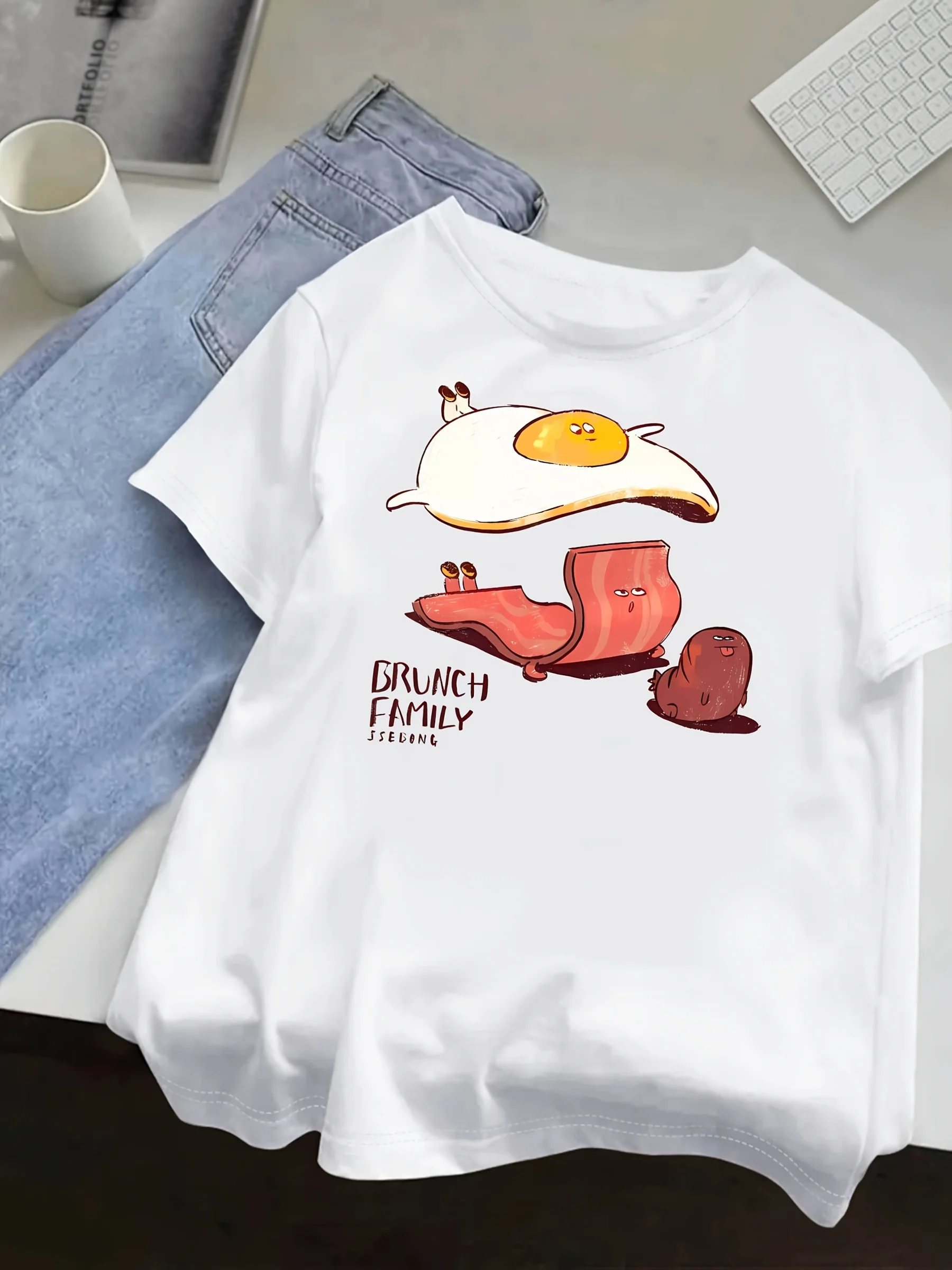 Cartoon Bacon and Fried Egg Pattern Printed Summer Women's T-shirt Top Short Sleeve Round Neck Soft Comfortable Casual Clothing