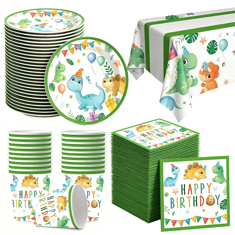 Cute Cartoon Green Dinosaur Disposable Tableware Paper Plates Cups Napkins Tablecloth Birthday Party Baby Shower Decor Supplies