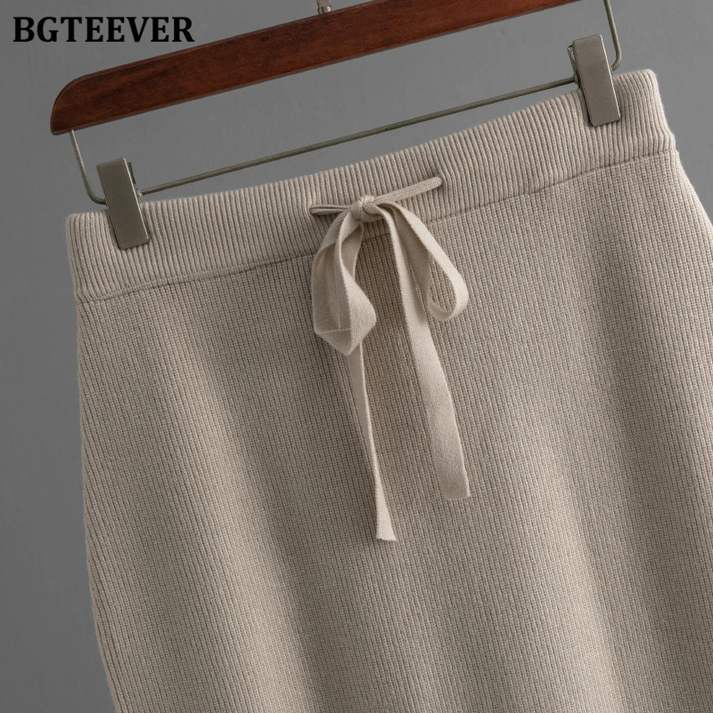 BGTEEVER Vintage Thicken Warm Ladies Knitted Skirt Set Long Sleeve Lapel Sweaters Women Straight Skirts Suits Autumn Winter