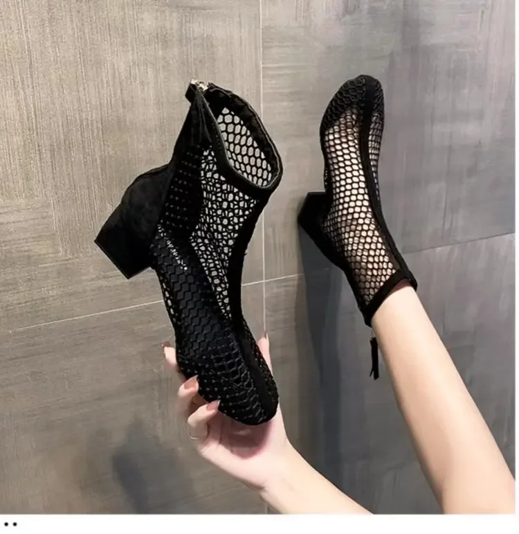 2024 New Air Mesh Net Bling Women Shoes Summer Ankle Boots Thin High Heels Sexy Sandal Chelsea Boots Female