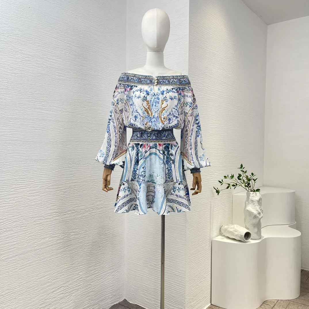 

White Blue Long Sleeve Porcelain Print Off The Shoulder Slash Neck Silk Mini Dress for Women