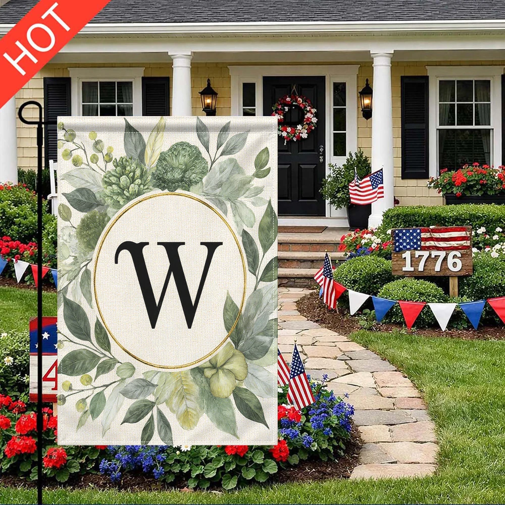 

W Monogram Garden Flag Double Sided Printing No Flag Pole Included, Greenery Floral Initial Letter Yard Flag