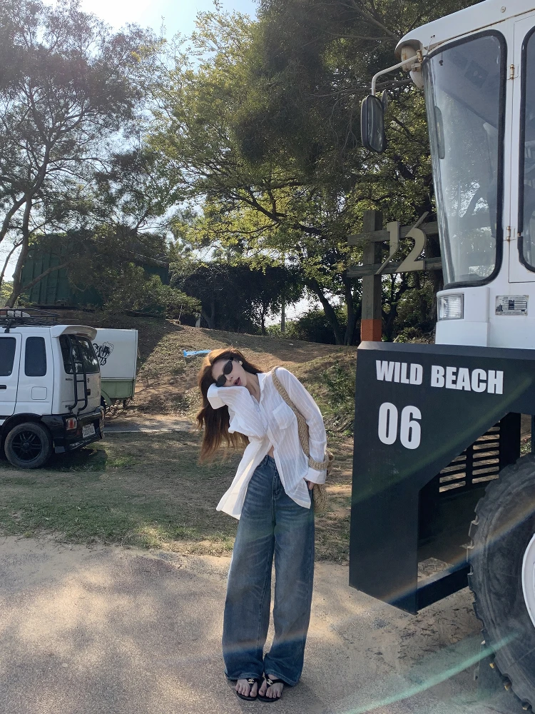 

Джинсы женские прямые широкие в американском стиле Deep Blue Retro, свободного кроя, дизайн Yaqing, новинка весна-лето