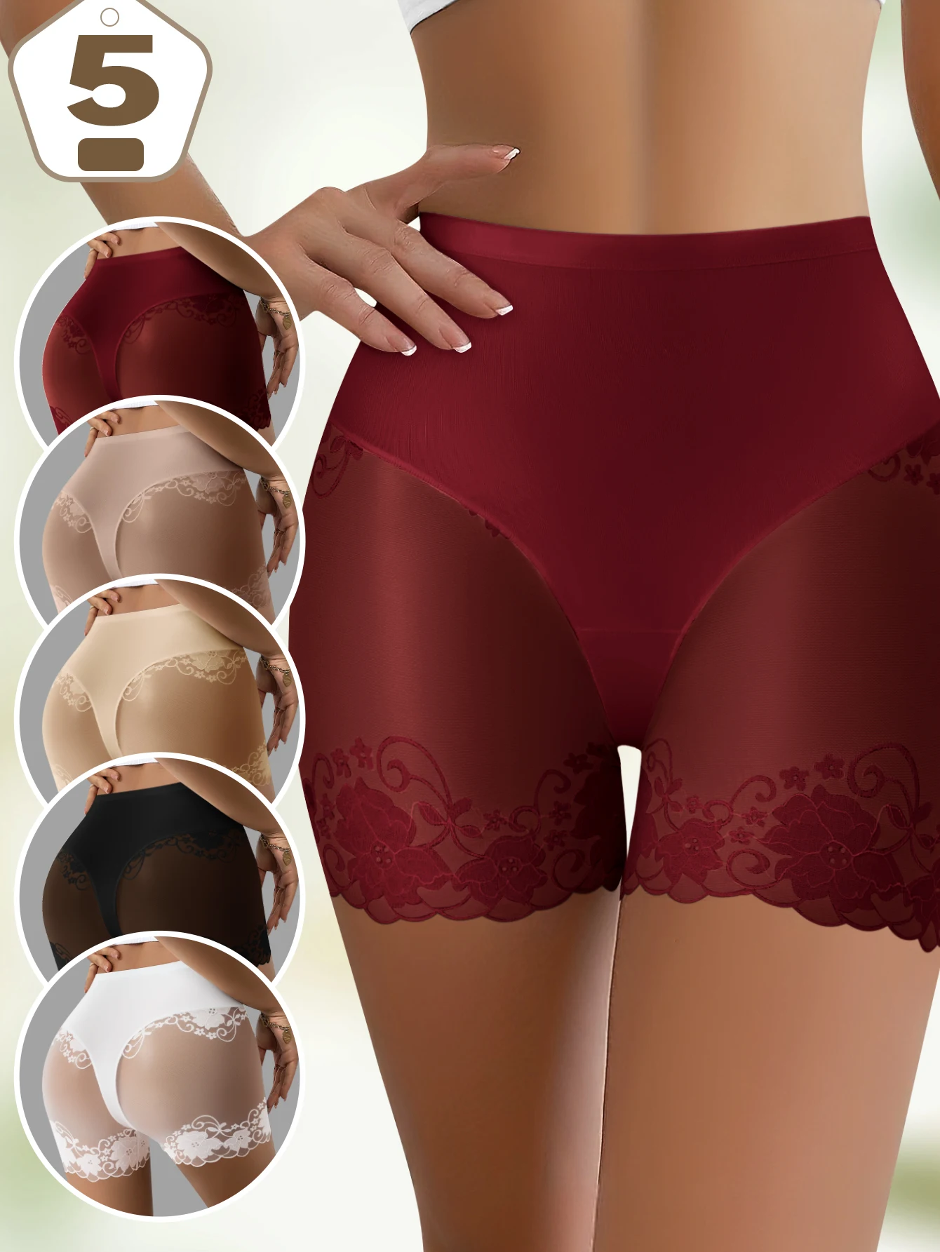 กางเกงในกันโป๊ผู้หญิง 5 ชิ้น/ชุด ลายลูกไม้ ขอบเอวสูง ผ้าลูกไม้ยืดหยุ่น