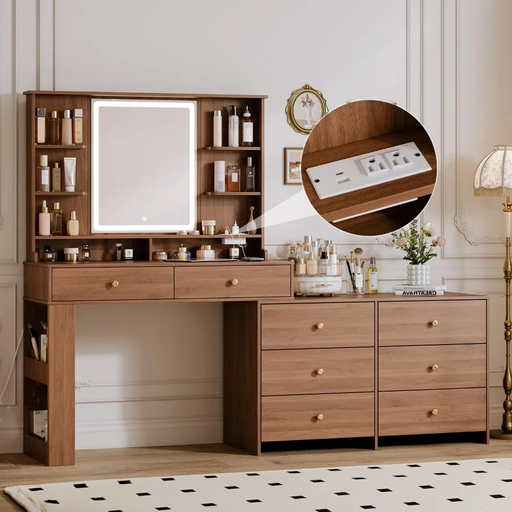 Makeup Vanity Desk with large mirror and lights&Charging Station,Modern Corner Makeup Vanity Table with 8 Storage Drawers