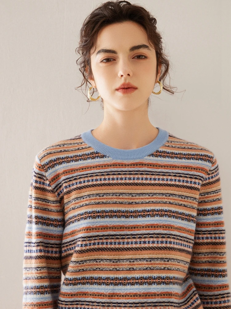 ADDONEE Women Jacquard Cashmere Sweater Autumn Winter O-neck Pullover 100% Cashmere Knitwear Vintage Style Clothing Soft Warm