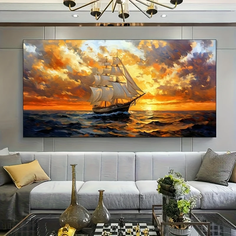 Sunset Sailboats on The Sea Posters and Print Beautiful Sea Scenery  Canvas Painting Wall Art Picture for Living Room Home Decor