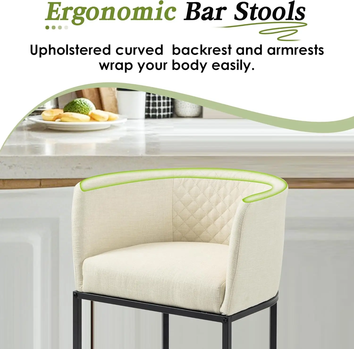 Ecotouge 26"" Modern Bar Stools Set Of 3, Barrel Counter Stools With Curved Back & Arms, Linen Fabric Upholstered Island Stools