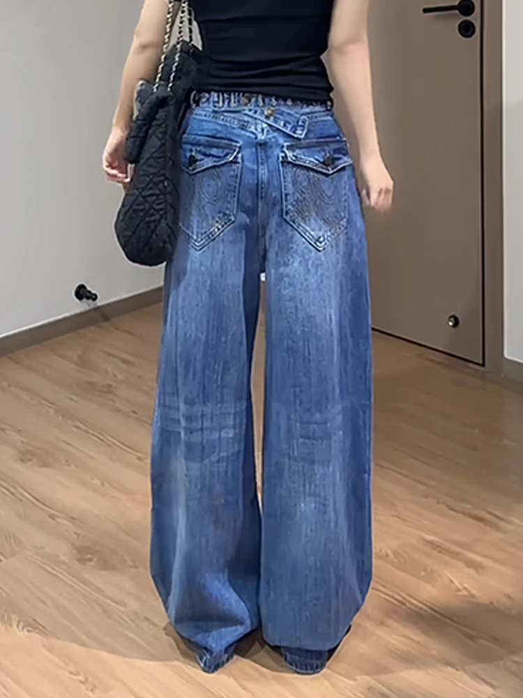 

Loose Fitted Vintage American Denim Jeans Women Summer Spicy Paris Adjustable Buckle Floor-Length Pants Casual Natural Waist