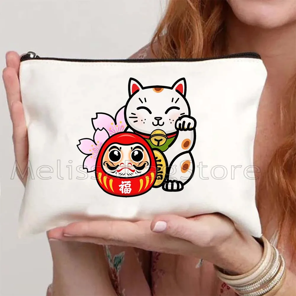 TOKYO Maneki Neko Cute Japanese Lucky Cat Mount Fuji Janpan Style Print Canvas Cosmetic Bag Makeup Toilet Bag Pencil Case Pouch