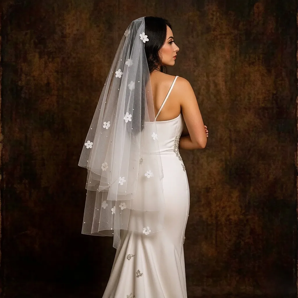 

2Layer 3D Floral Wedding Veil Dreamy Beaded Bridal Veil Pearl Soft Tulle Velo de Novias Blush Fingertip Hair Accessories G41