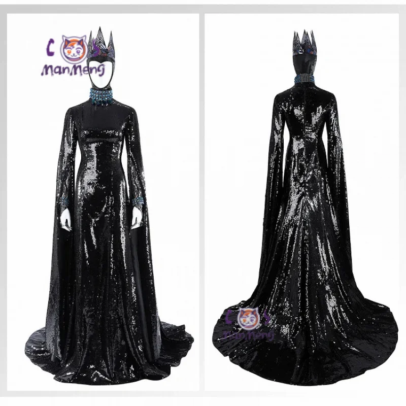 Evil Queen Wicked Queen Cosplay Snow White Witch Costume Halloween party black sexy sequin hat crown ring bracelet long dress