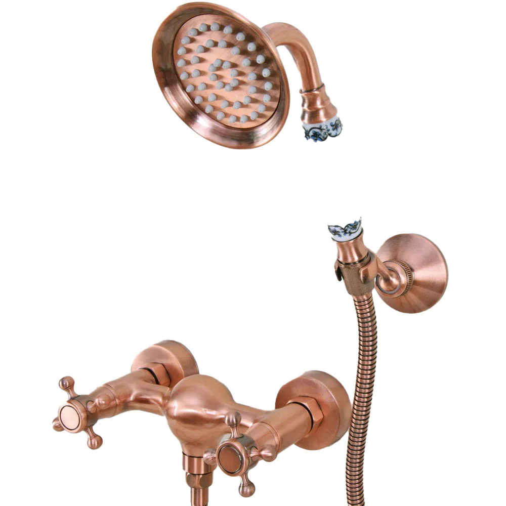 

Antique Red Copper Brass Dual Cross Handles Wall Mounted Bathroom Hand Held Shower Head Faucet Set Mixer Tap ana296