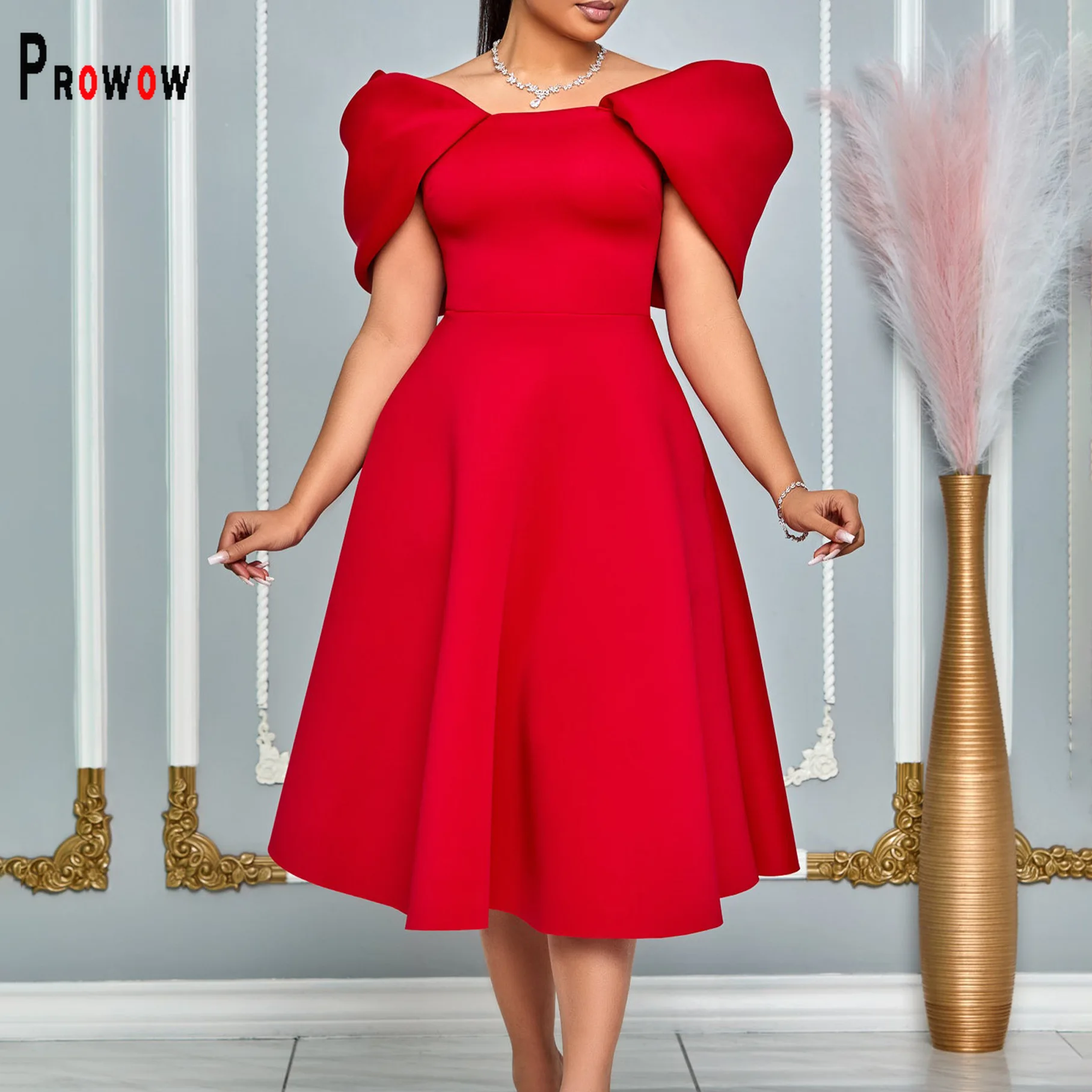 

Prowow Elegant Women Birthday Party Dress 2024 New Design Solid Color Summer Female Clothing Shoulderless High Quality Outfits