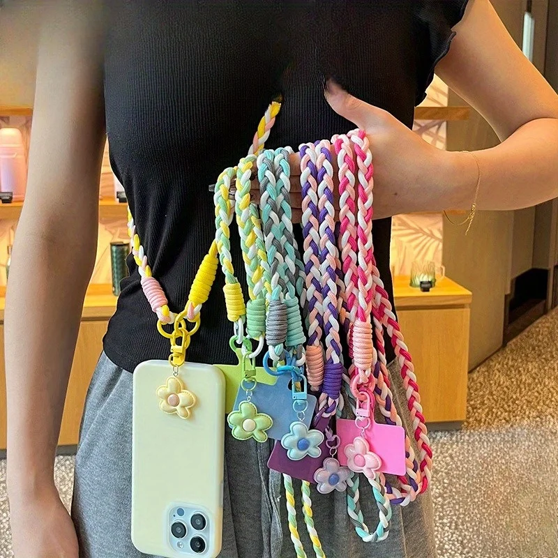 

Candy Five Petal Flower Mobile Phone Lanyard Crossbody Long Style with Contrasting Colors Woven Firmly
