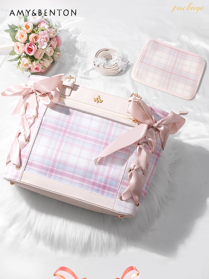 Original Sweet Cross Ribbon Bow Large Capacity Lolita Shoulder Bag Japanese Mine Plaid Stitching Transparent Kawaii Handbags