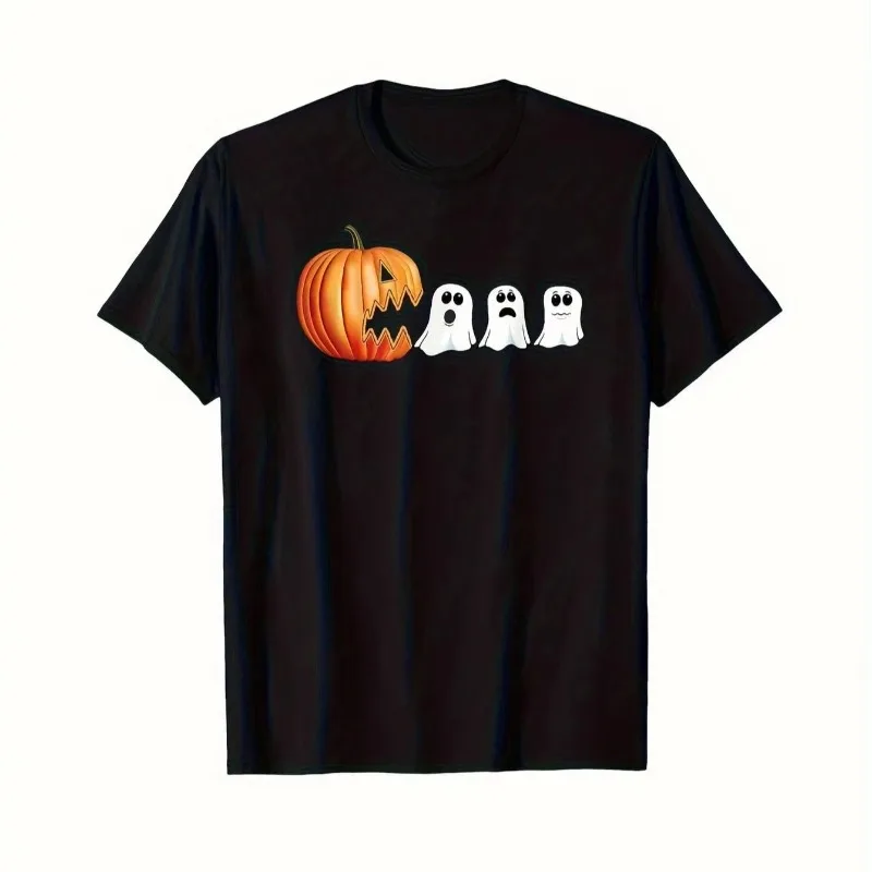 

Halloween Pumpkin and Ghost Graphic T-shirts for Men and Women with Jack-o'-lantern in Black with White Print for Casual Wear
