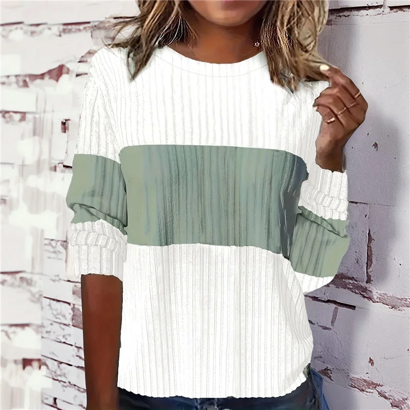 ABRT-Blocked Tops For Women Full Length Sleeve Tunic Casual Patchwork Crew Neck Cozy Knitted Blouse Pullover