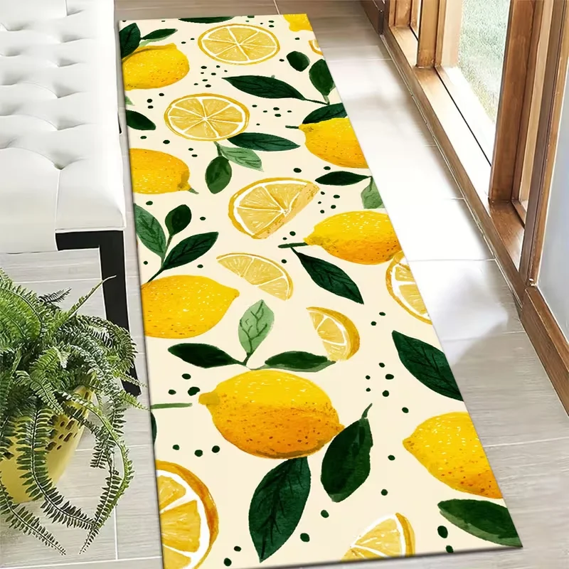 Lemon Fruit Runner Rug Watercolor Yellow Citrus Carpet for Hallway Kitchen Bedroom Bedside Fresh Botanical Pattern Decor Mat
