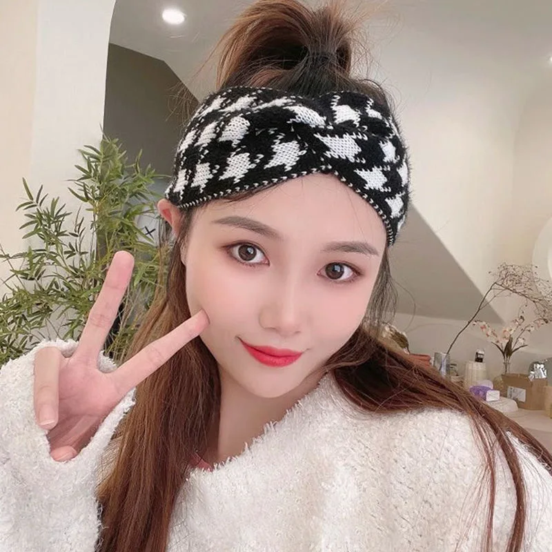 Retro Plaid Knitted Headband Elegant Headwear Hair Band Autumn And Winter Warm Daily Hair Styling Accessories