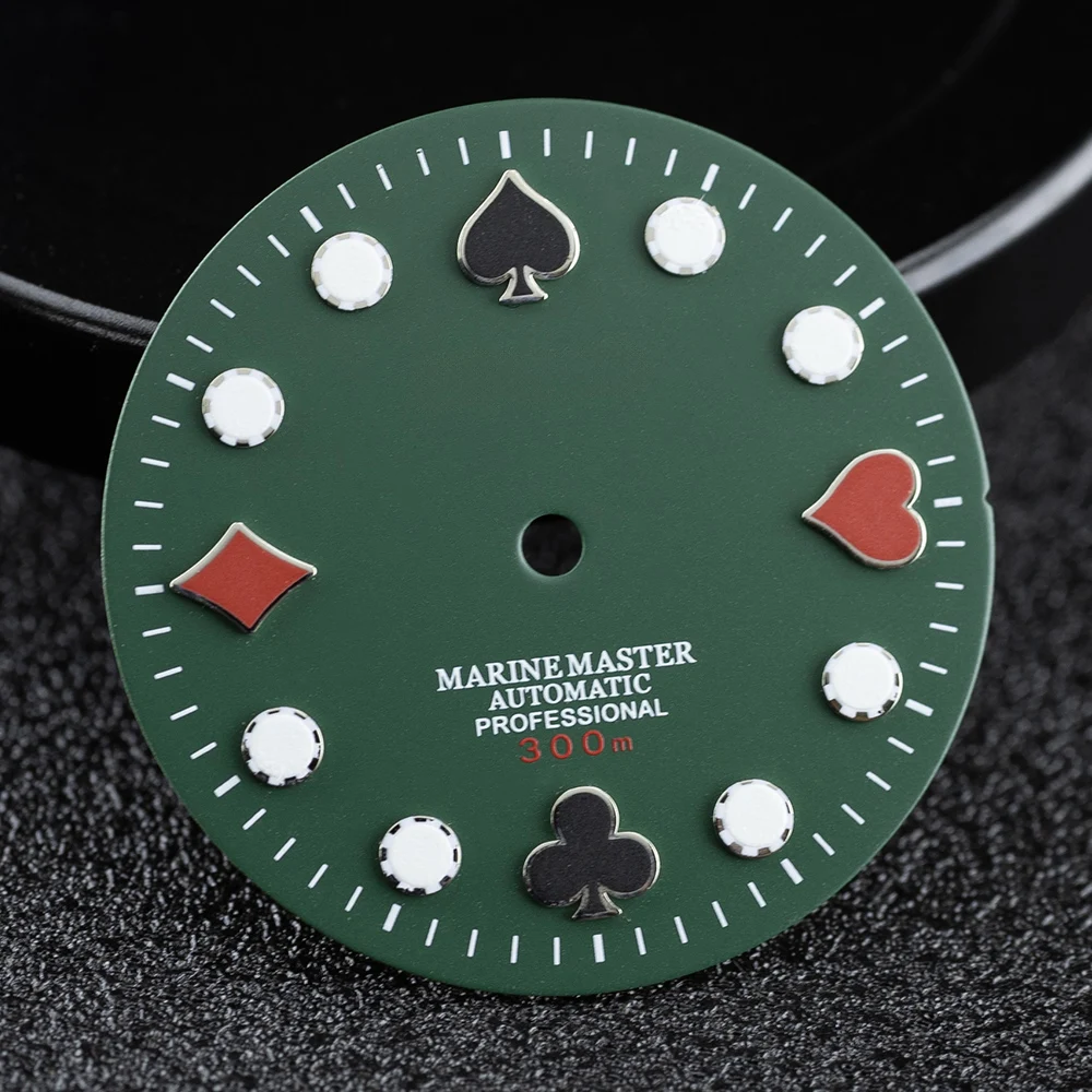 NH35 다이얼 28.5mm S 다이얼 포커 Marinemaster NH35/36 무브먼트 용 빛나는 시계 손 수정 된 다이얼 교체 시계 부품