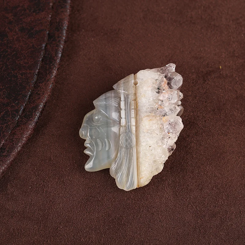 Drusy Agate Carving Indian Chief Head Pendant Natural Fashion Jewelry 53x37x13mm 3.8g - Jewelry Making Pendant Beads Accessory