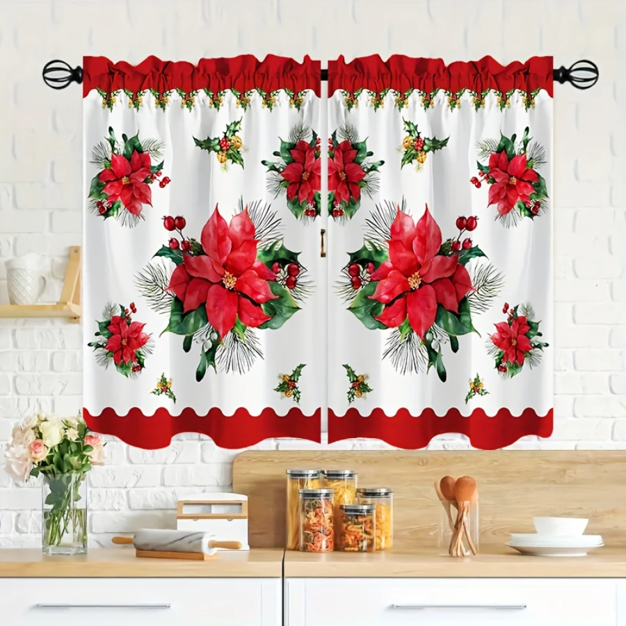3PCS Poinsettia Flower Christmas Kitchen Curtain Set, Red Floral Holiday Decor Rod Pocket Tier Curtains for Kitchen Window