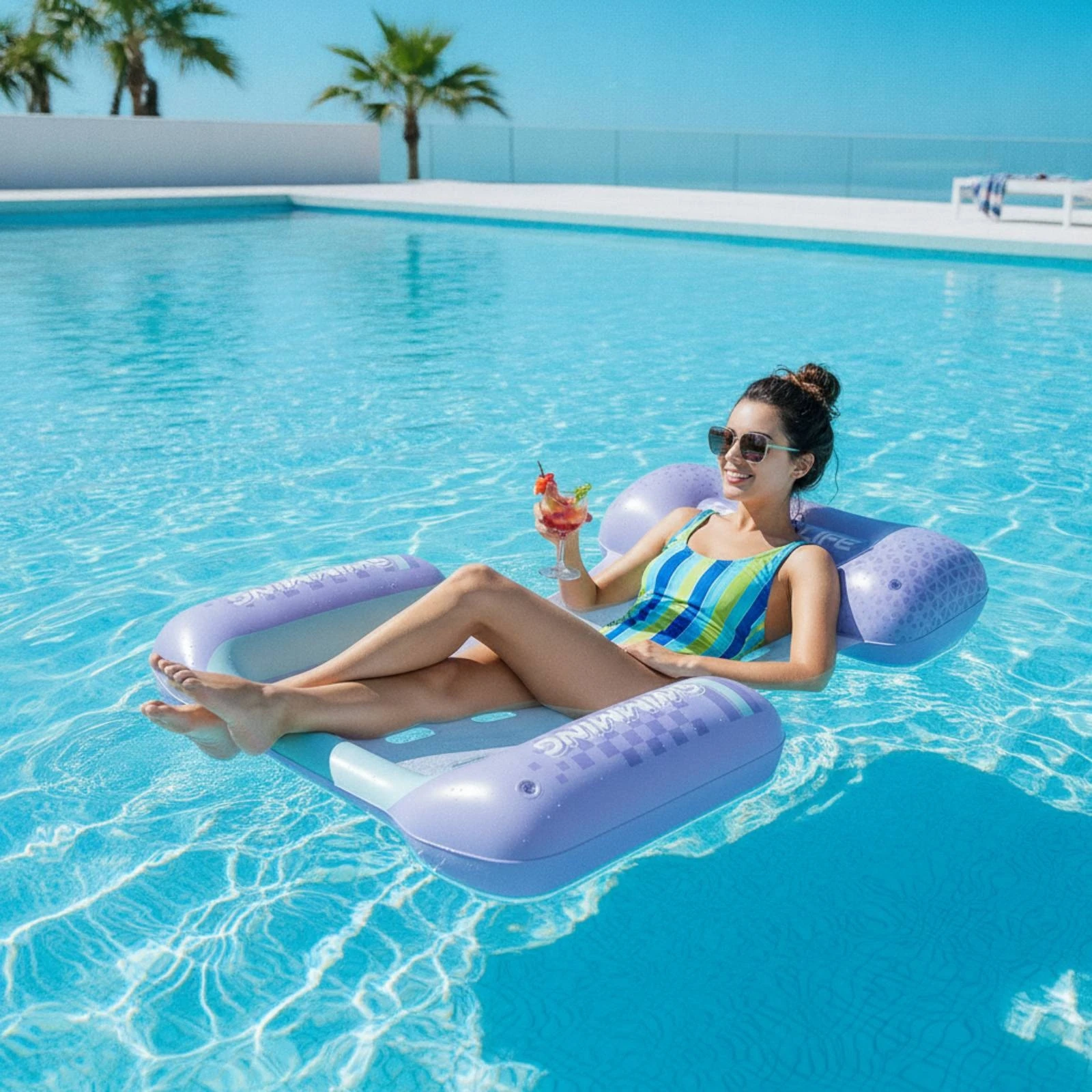 Pool Buoyant Lounger with Mesh Center Comfortable Floating Chair with Mesh Center Pool Lounger with Headrest Supportive Water