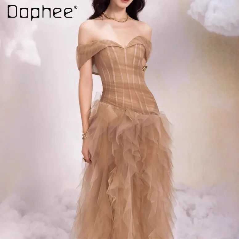 Robe de soirée élégante et gracieuse, haut de gamme, épaules dénudées, sans bretelles, Slim, en maille, Style féerique, Maxi, pour femmes