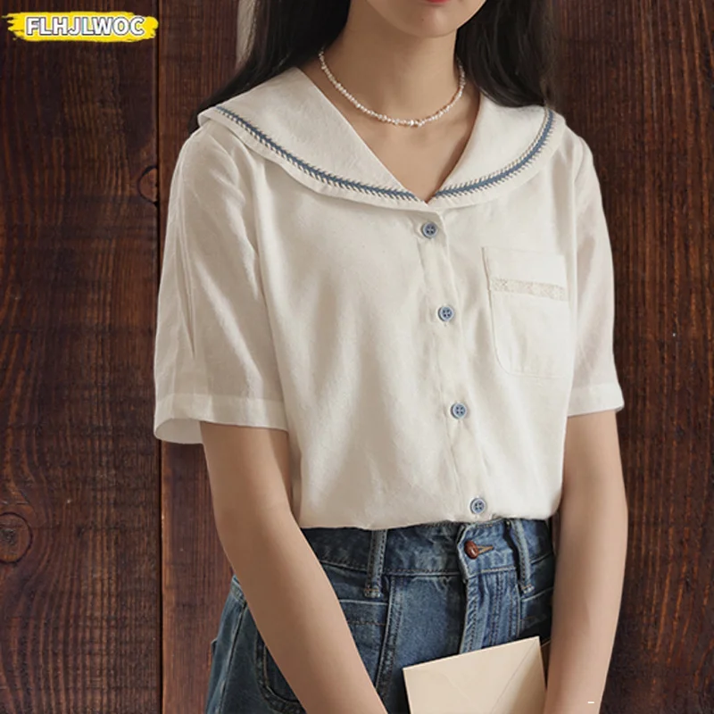 Cute Peter Pan Collar Tops Blouses New 2024 Summer Sweet Girls Preppy Style Solid Pockets White Button Shirts