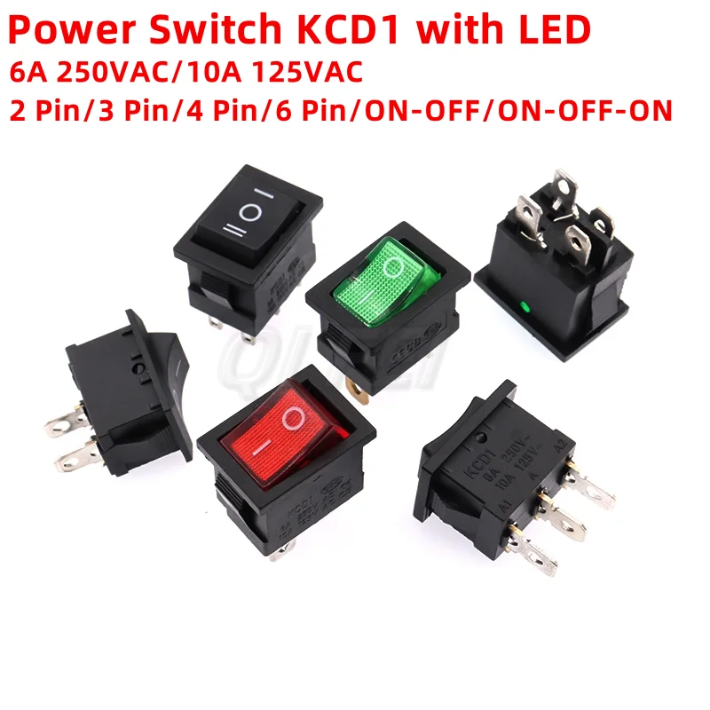 

4PCS KCD1 Power Switch KCD1-101 With LED Red Green Black 2Pin 3Pin 4Pin 6Pin 6A 250V/10A 125VAC ON OFF 21x15mm Rocker Switch
