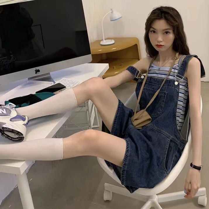Cute Loose Denim Overalls Women's Summer New Korean Sle High Waist ort Pants Japanese Sle Small Size Jeans Outfit
