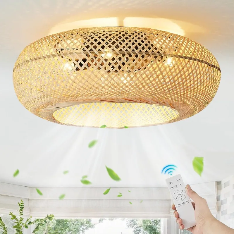 Bamboo Woven Ceiling Fan Lights Remote Control Fan Lamps Japanese Retro Silent Frequency Conversion Bedroom Dining Living Room