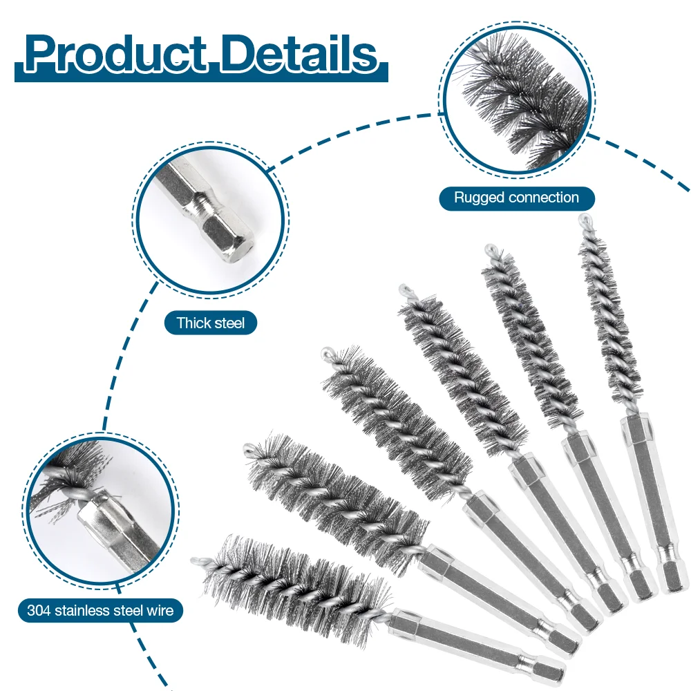 6Pcs Stainless Steel Wire Brush Set with 1/4 Inch Hexagonal Handle for Drilling Cleaning Grinding Polishing Rust Removal